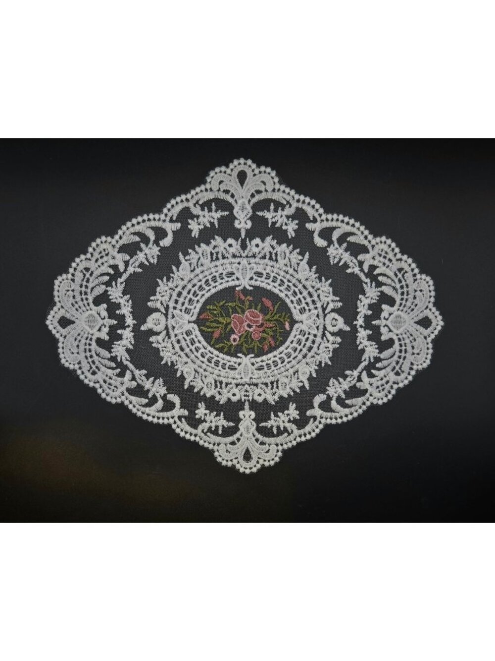 White Lace Doily Floral Embroidery Centerpiece Oval 10", White and Pink